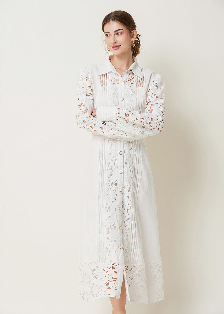 CM-DY027268 Women Elegant European Style Hollow Lace Lapel Long Sleeve Maxi Dress (Available in 3 colors)