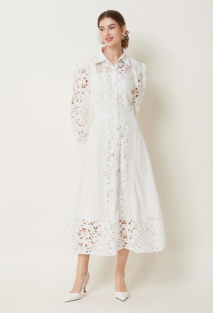 CM-DY027268 Women Elegant European Style Hollow Lace Lapel Long Sleeve Maxi Dress (Available in 3 colors)