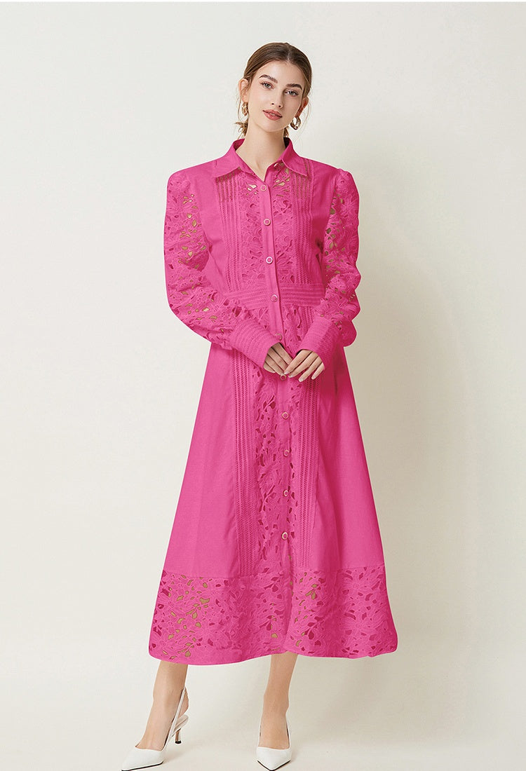 CM-DY027268 Women Elegant European Style Hollow Lace Lapel Long Sleeve Maxi Dress (Available in 3 colors)