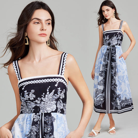 CM-DY027269 Women Elegant European Style Floral Print Sleeveless High Waist Maxi Dress