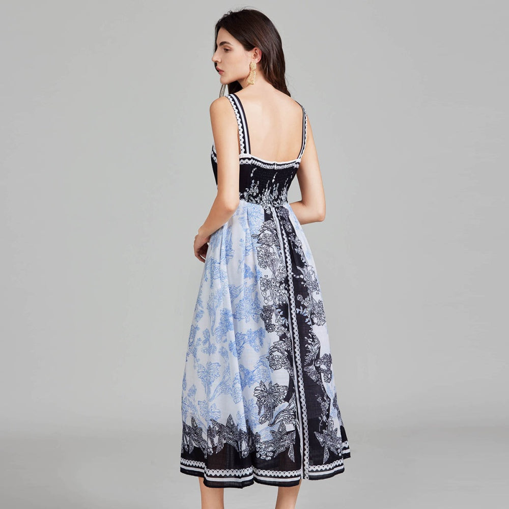 CM-DY027269 Women Elegant European Style Floral Print Sleeveless High Waist Maxi Dress