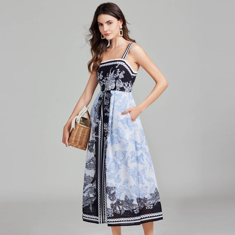 CM-DY027269 Women Elegant European Style Floral Print Sleeveless High Waist Maxi Dress