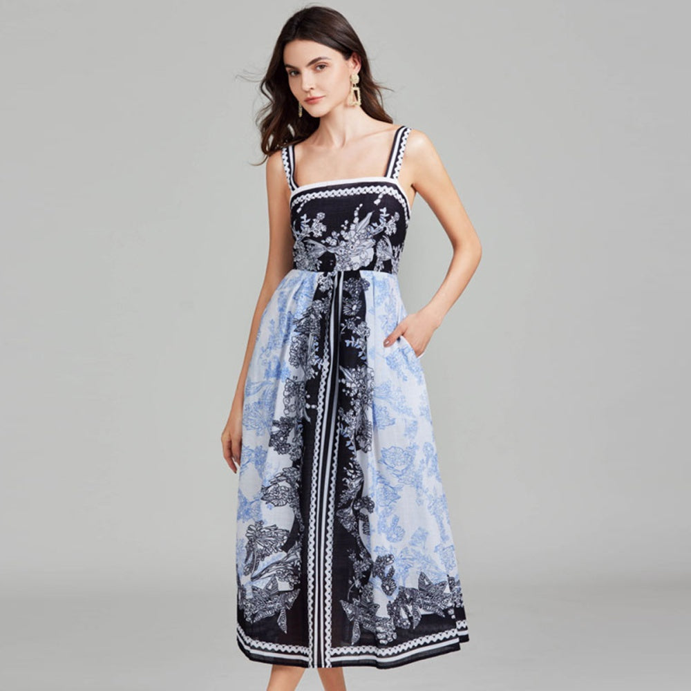 CM-DY027269 Women Elegant European Style Floral Print Sleeveless High Waist Maxi Dress