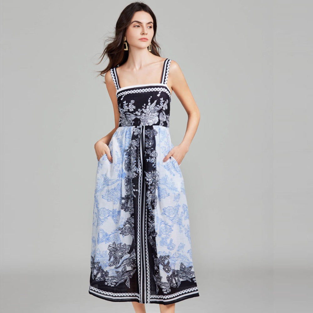CM-DY027269 Women Elegant European Style Floral Print Sleeveless High Waist Maxi Dress