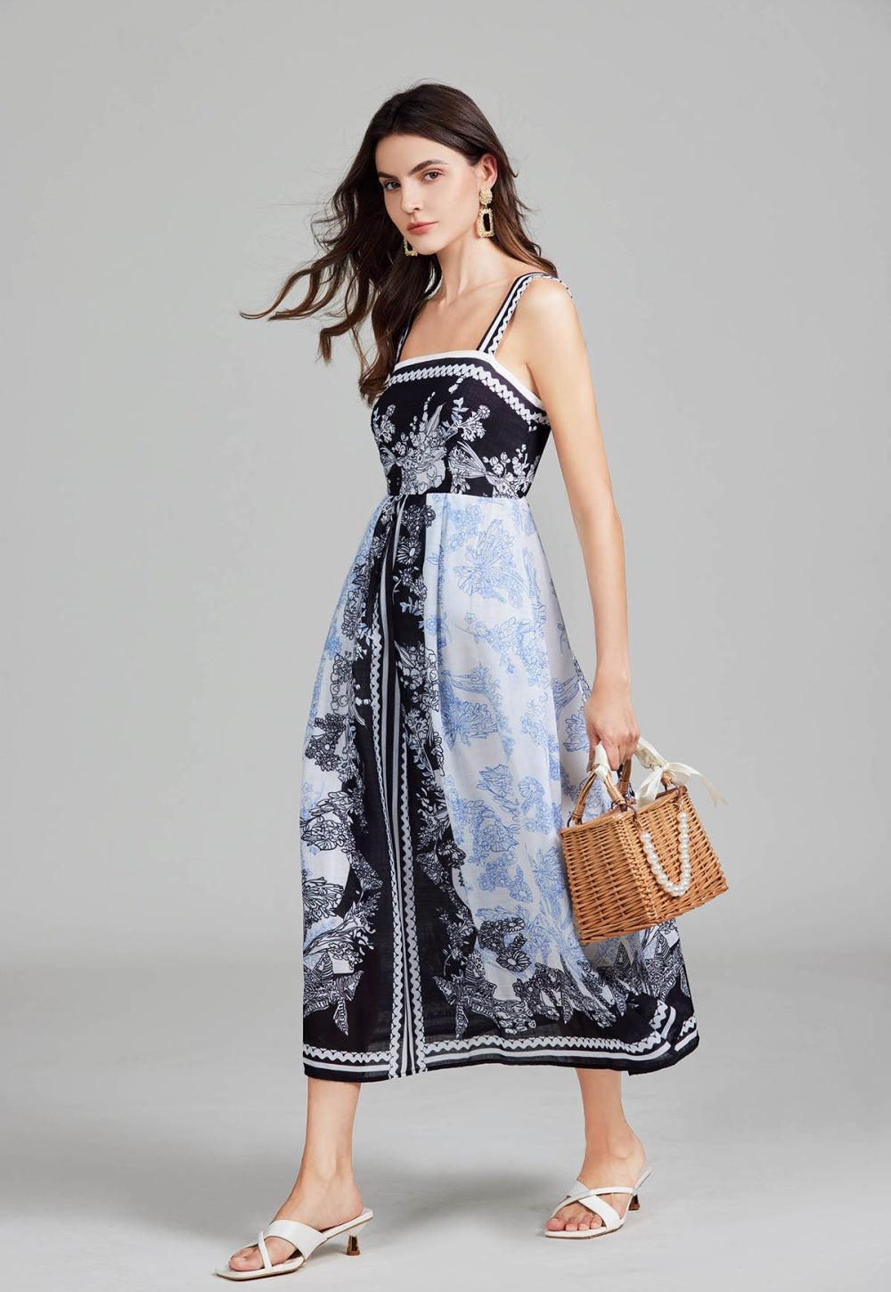 CM-DY027269 Women Elegant European Style Floral Print Sleeveless High Waist Maxi Dress