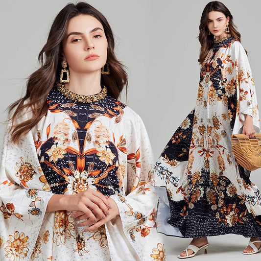 CM-DY027270 Women Elegant European Style Floral Print Round Neck Batwing Sleeve Maxi Dress