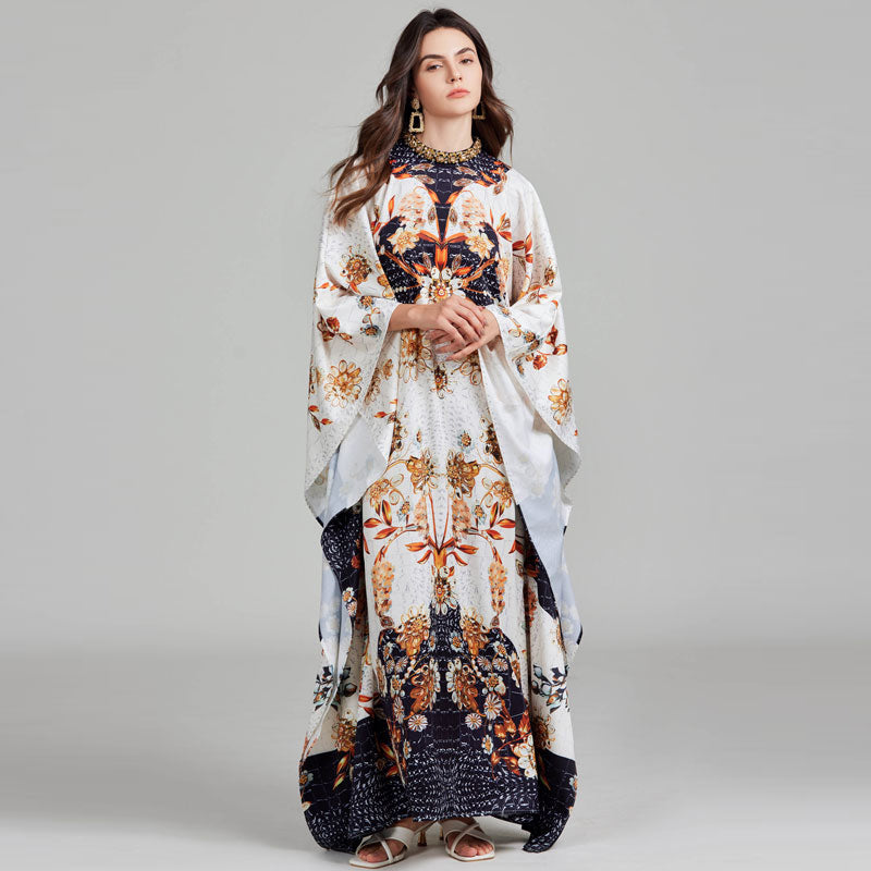 CM-DY027270 Women Elegant European Style Floral Print Round Neck Batwing Sleeve Maxi Dress