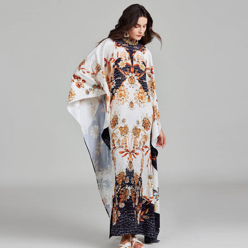 CM-DY027270 Women Elegant European Style Floral Print Round Neck Batwing Sleeve Maxi Dress