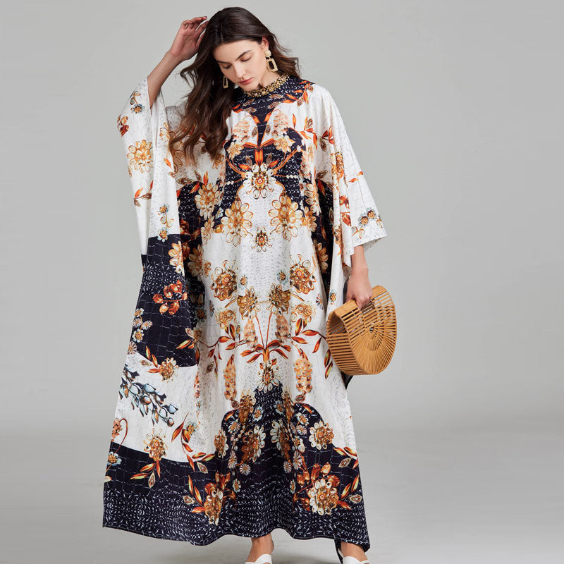 CM-DY027270 Women Elegant European Style Floral Print Round Neck Batwing Sleeve Maxi Dress