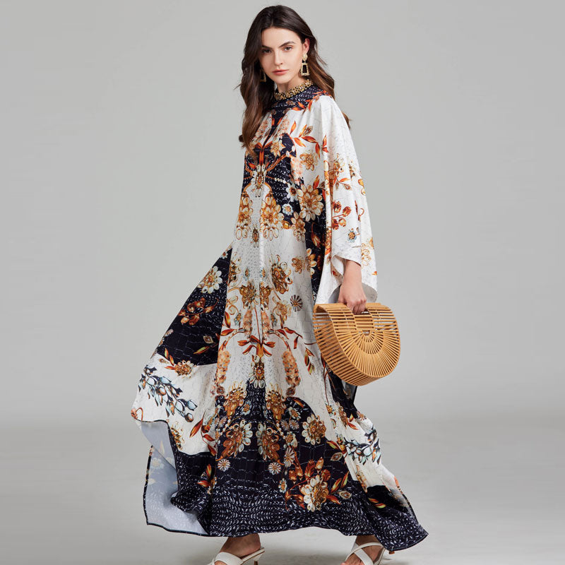 CM-DY027270 Women Elegant European Style Floral Print Round Neck Batwing Sleeve Maxi Dress