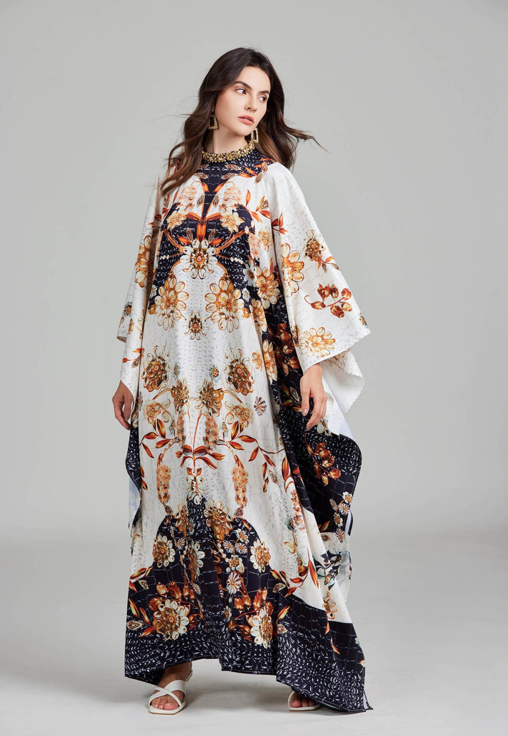CM-DY027270 Women Elegant European Style Floral Print Round Neck Batwing Sleeve Maxi Dress