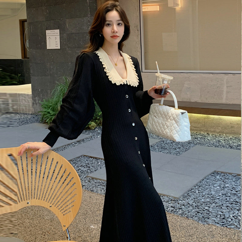 CM-DY027631 Women Elegant Seoul Style Doll Collar Long Sleeve Slim Knitted Midi Dress - Black