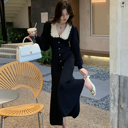 CM-DY027631 Women Elegant Seoul Style Doll Collar Long Sleeve Slim Knitted Midi Dress - Black