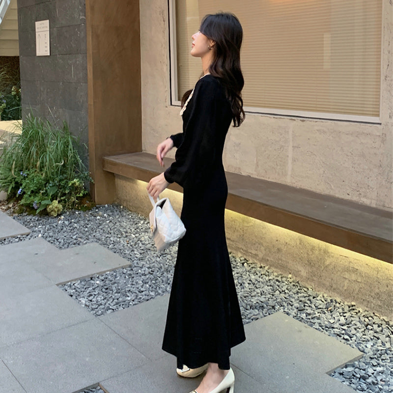 CM-DY027631 Women Elegant Seoul Style Doll Collar Long Sleeve Slim Knitted Midi Dress - Black