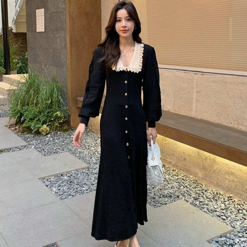 CM-DY027631 Women Elegant Seoul Style Doll Collar Long Sleeve Slim Knitted Midi Dress - Black