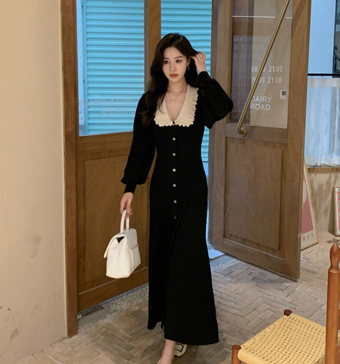 CM-DY027631 Women Elegant Seoul Style Doll Collar Long Sleeve Slim Knitted Midi Dress - Black