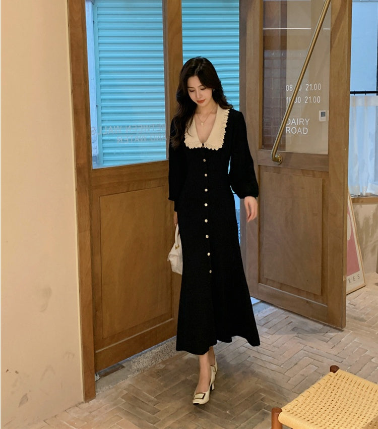 CM-DY027631 Women Elegant Seoul Style Doll Collar Long Sleeve Slim Knitted Midi Dress - Black