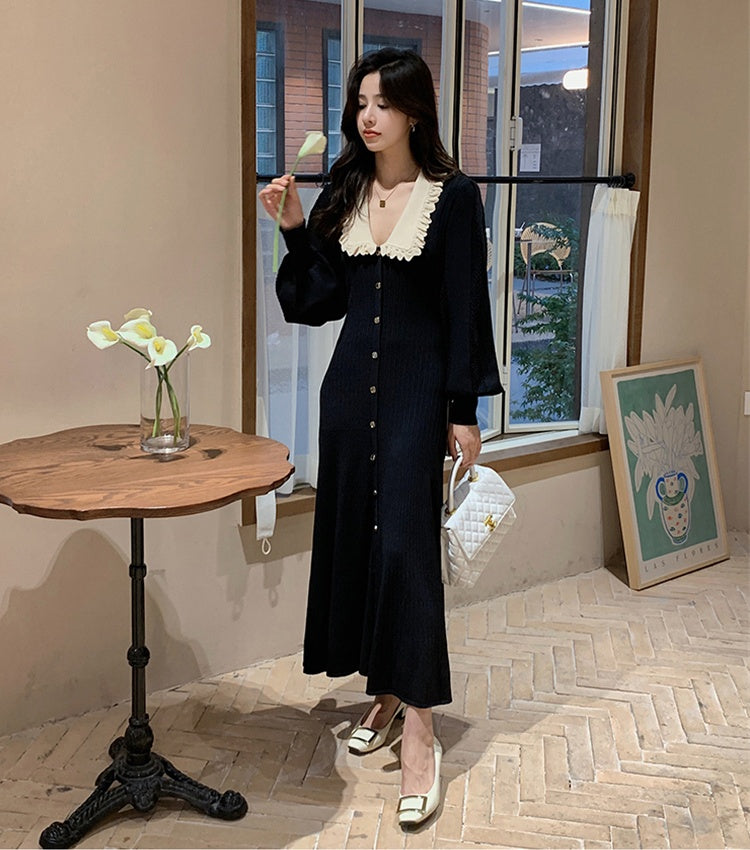 CM-DY027631 Women Elegant Seoul Style Doll Collar Long Sleeve Slim Knitted Midi Dress - Black