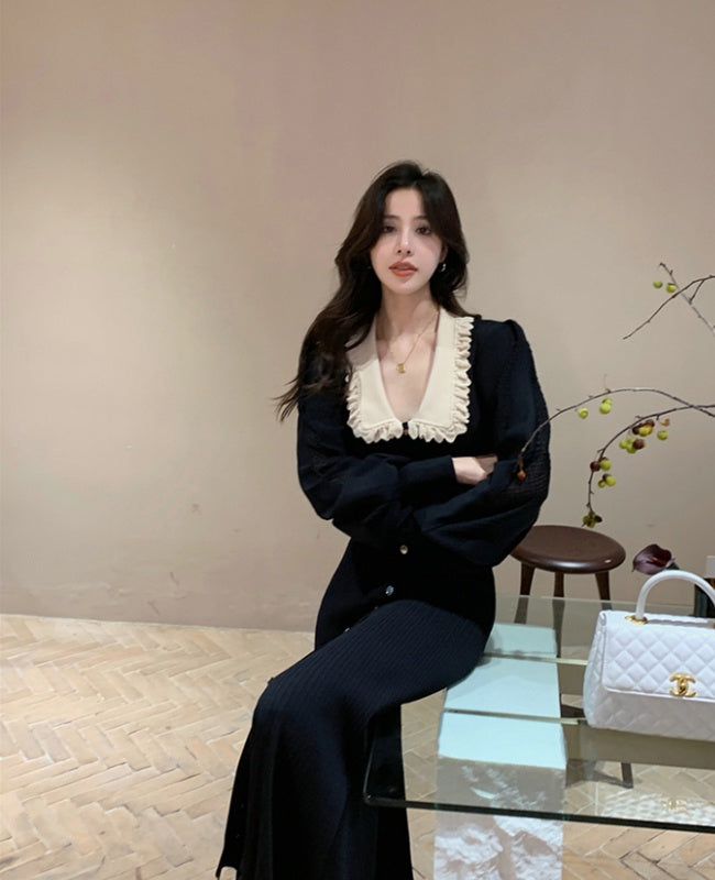 CM-DY027631 Women Elegant Seoul Style Doll Collar Long Sleeve Slim Knitted Midi Dress - Black