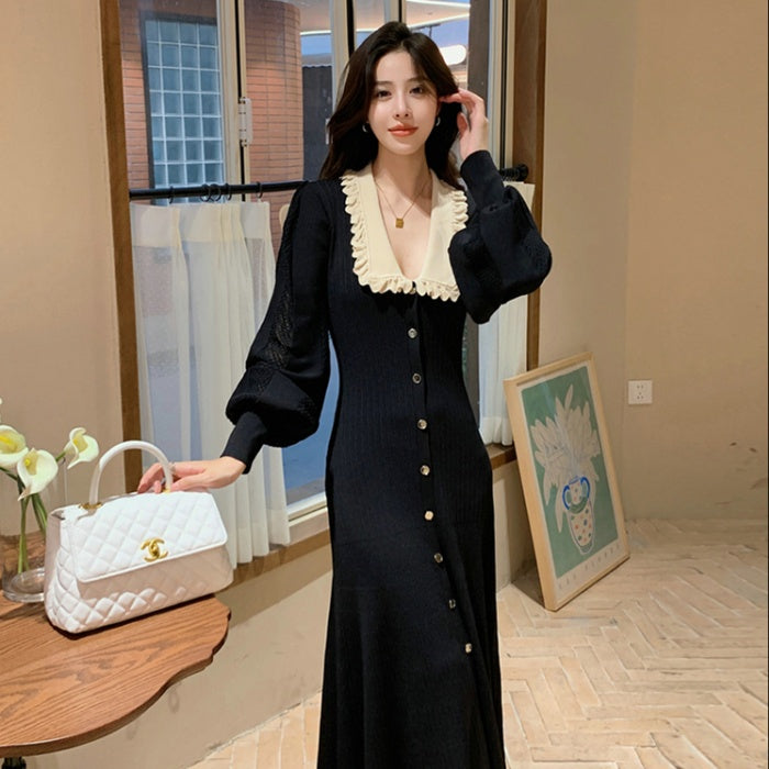 CM-DY027631 Women Elegant Seoul Style Doll Collar Long Sleeve Slim Knitted Midi Dress - Black