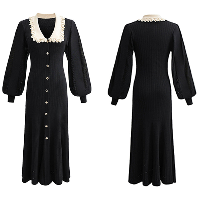 CM-DY027631 Women Elegant Seoul Style Doll Collar Long Sleeve Slim Knitted Midi Dress - Black