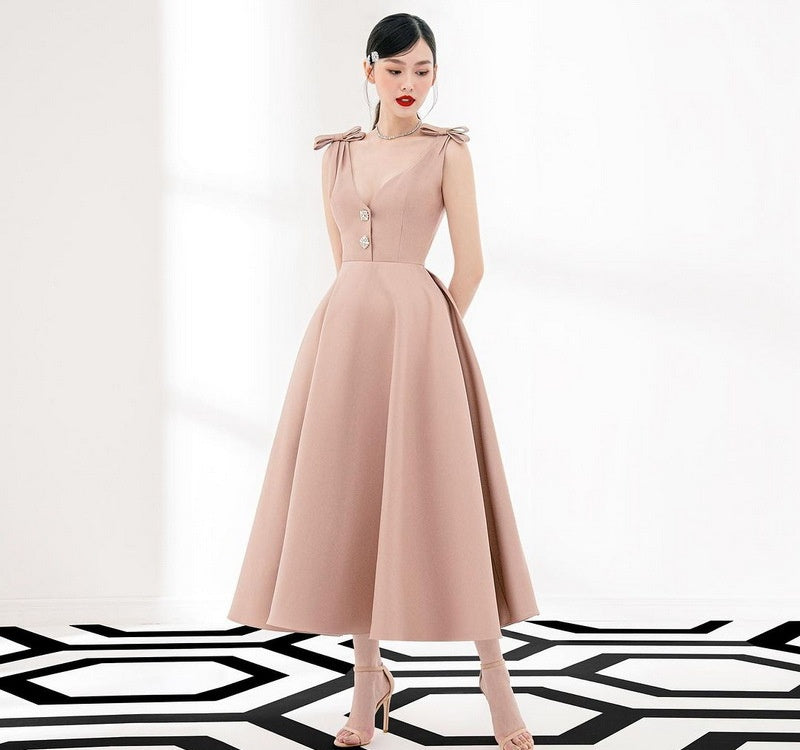 CM-DY027811 Women Elegant Seoul Style Satin Bow Shoulder Strap High Waist Long Dress