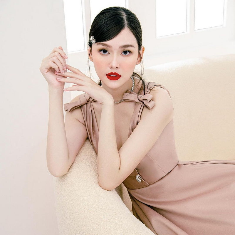 CM-DY027811 Women Elegant Seoul Style Satin Bow Shoulder Strap High Waist Long Dress