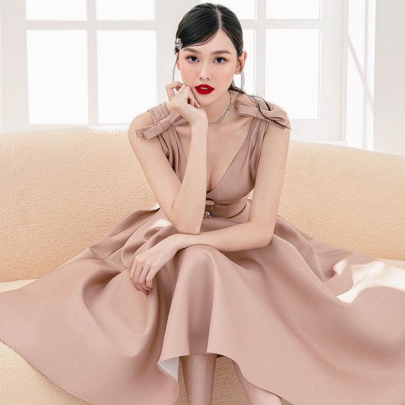 CM-DY027811 Women Elegant Seoul Style Satin Bow Shoulder Strap High Waist Long Dress