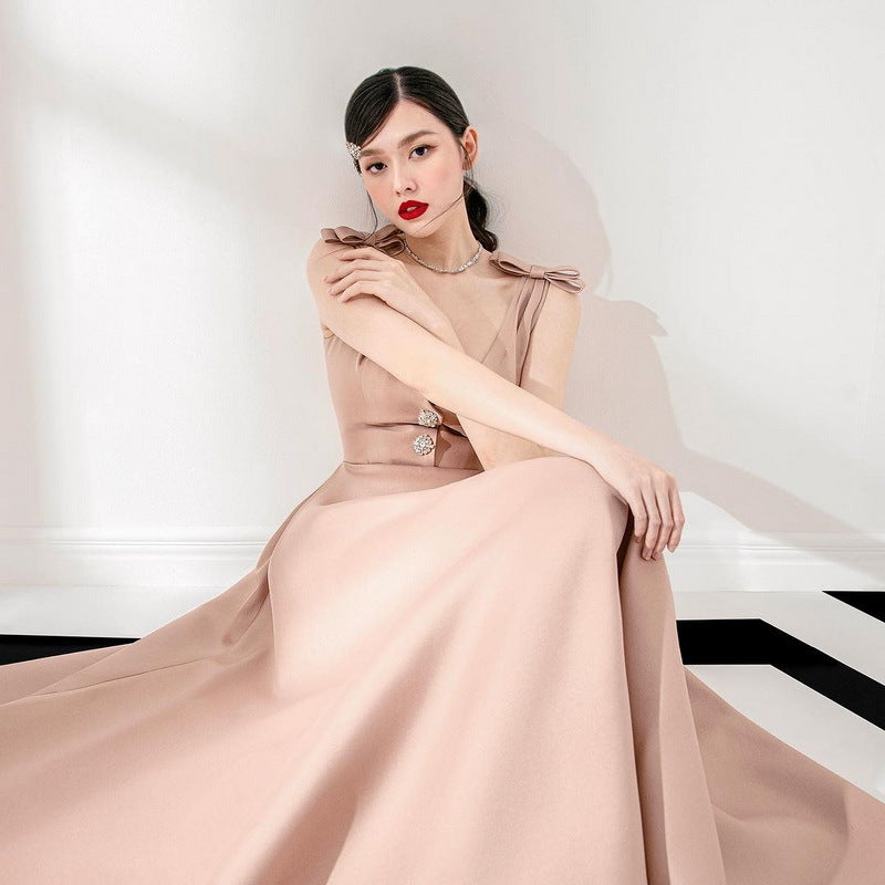 CM-DY027811 Women Elegant Seoul Style Satin Bow Shoulder Strap High Waist Long Dress