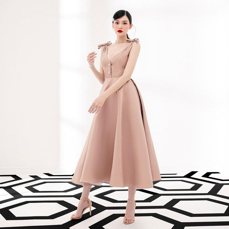 CM-DY027811 Women Elegant Seoul Style Satin Bow Shoulder Strap High Waist Long Dress