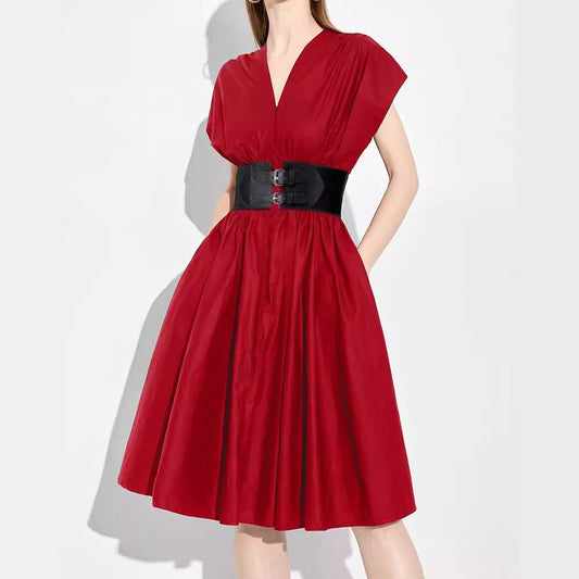 CM-DY027813 Women Elegant European Style V-Neck Sleeveless High Waist Midi Dress - Red
