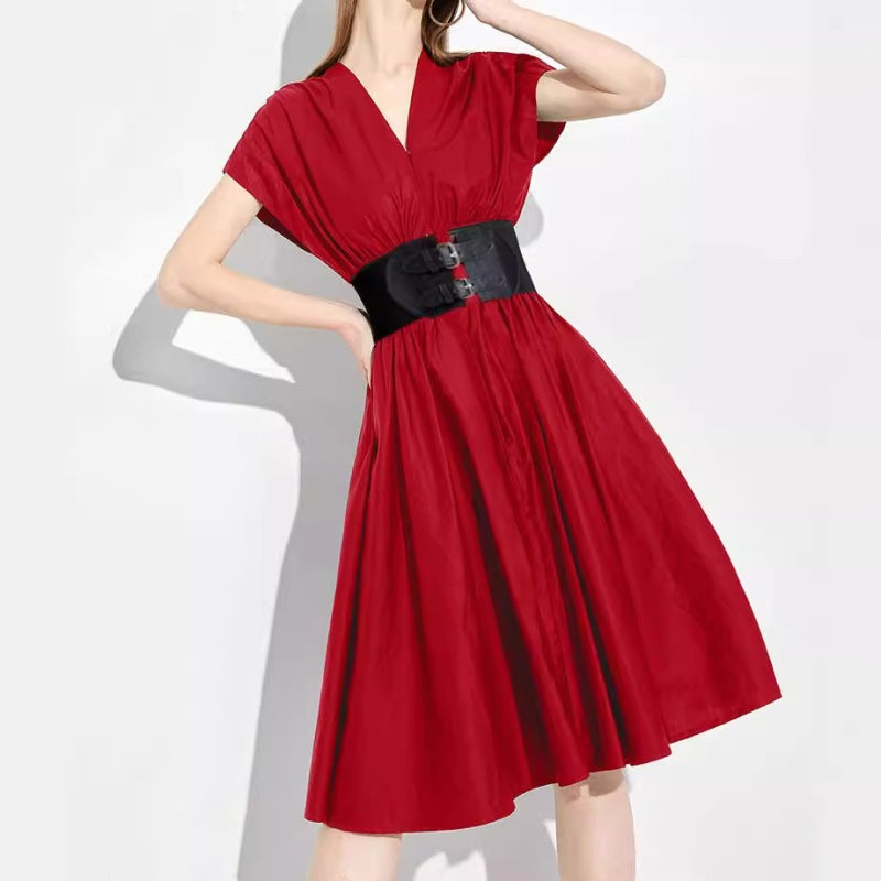 CM-DY027813 Women Elegant European Style V-Neck Sleeveless High Waist Midi Dress - Red