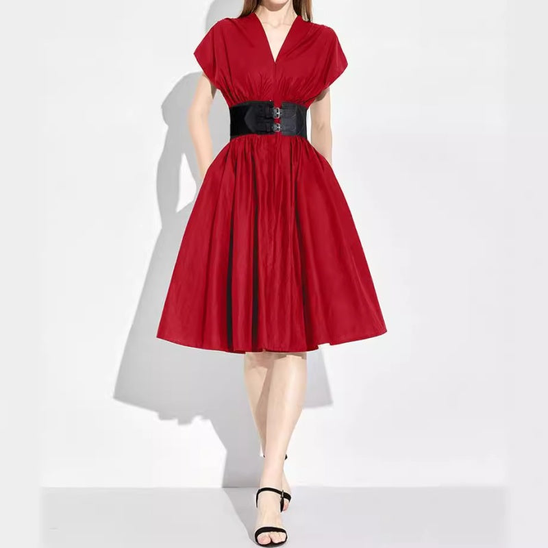 CM-DY027813 Women Elegant European Style V-Neck Sleeveless High Waist Midi Dress - Red