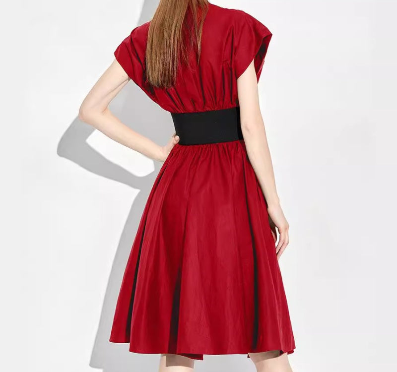 CM-DY027813 Women Elegant European Style V-Neck Sleeveless High Waist Midi Dress - Red