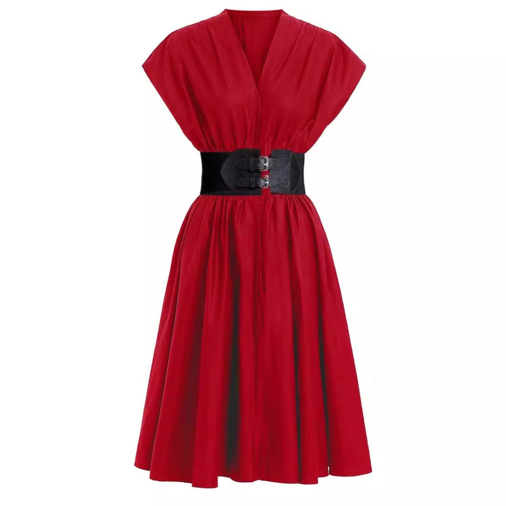 CM-DY027813 Women Elegant European Style V-Neck Sleeveless High Waist Midi Dress - Red
