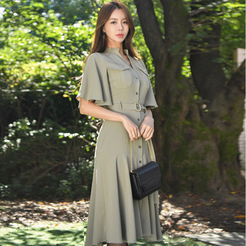 CM-DY028298 Women Casual Seoul Style V-Neck Single-Breasted Short Sleeve Midi Dress - Green