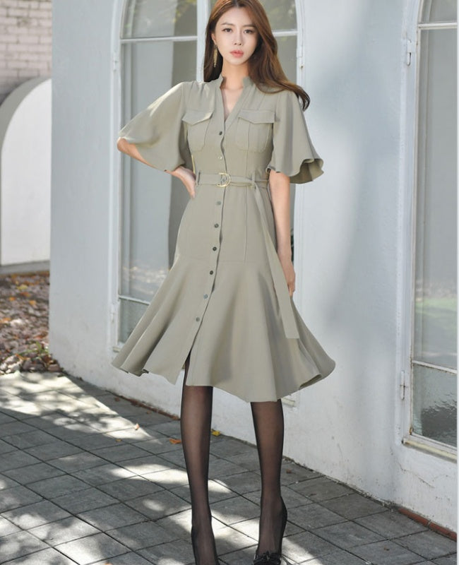 CM-DY028298 Women Casual Seoul Style V-Neck Single-Breasted Short Sleeve Midi Dress - Green