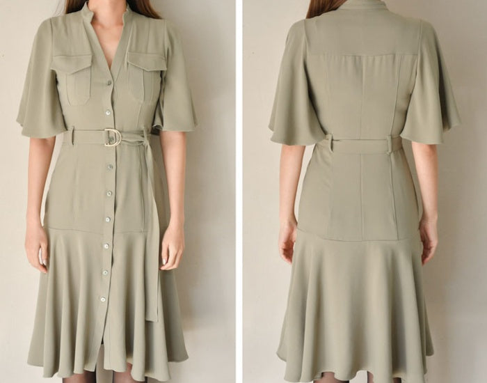 CM-DY028298 Women Casual Seoul Style V-Neck Single-Breasted Short Sleeve Midi Dress - Green