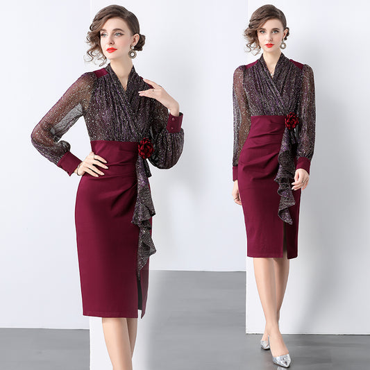 CM-DY028608 Women Elegant European Style V-Neck Long Sleeve Medium Waist Slim Midi Dress