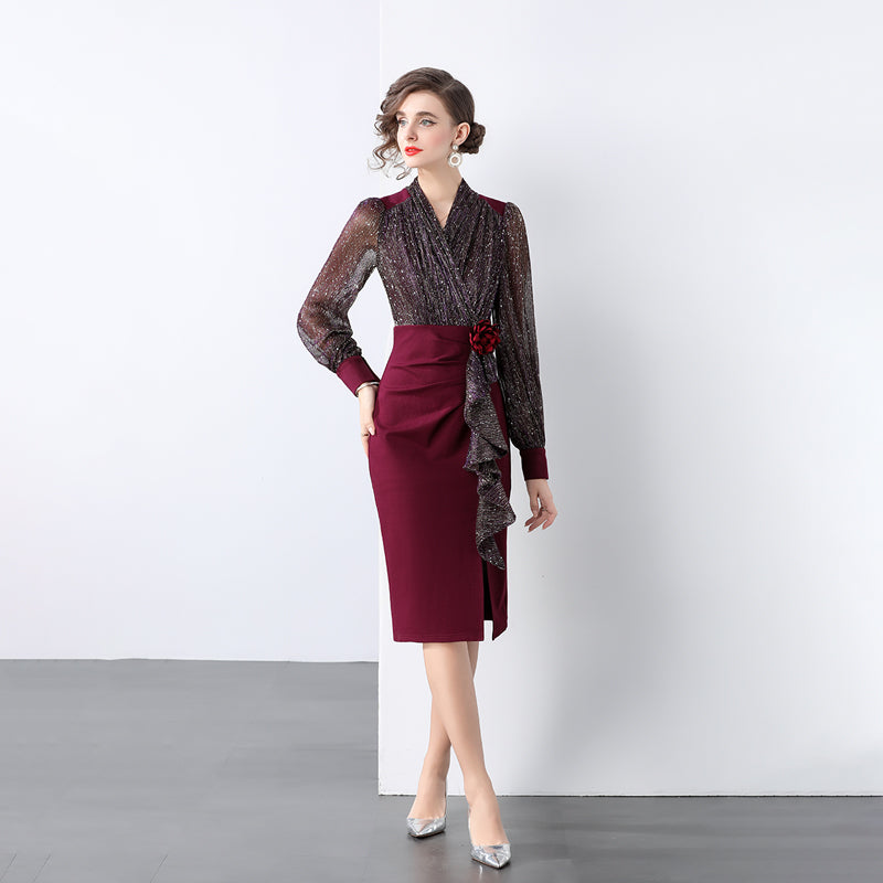 CM-DY028608 Women Elegant European Style V-Neck Long Sleeve Medium Waist Slim Midi Dress