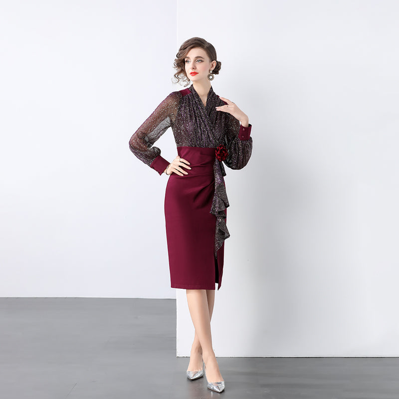 CM-DY028608 Women Elegant European Style V-Neck Long Sleeve Medium Waist Slim Midi Dress