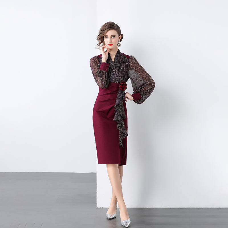 CM-DY028608 Women Elegant European Style V-Neck Long Sleeve Medium Waist Slim Midi Dress
