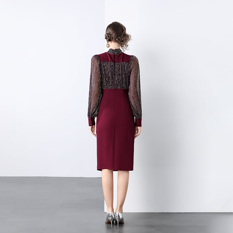 CM-DY028608 Women Elegant European Style V-Neck Long Sleeve Medium Waist Slim Midi Dress