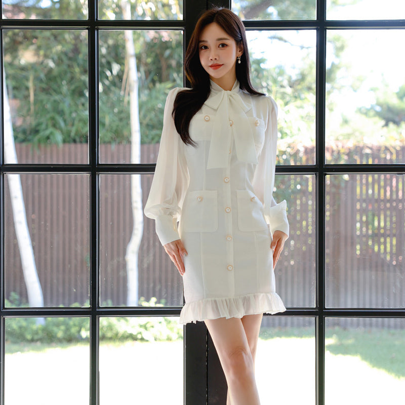 CM-DY029288 Women Elegant Seoul Style Scarf Collar Long Sleeve Mermaid Slim Dress - White