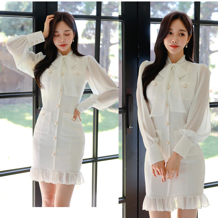 CM-DY029288 Women Elegant Seoul Style Scarf Collar Long Sleeve Mermaid Slim Dress - White