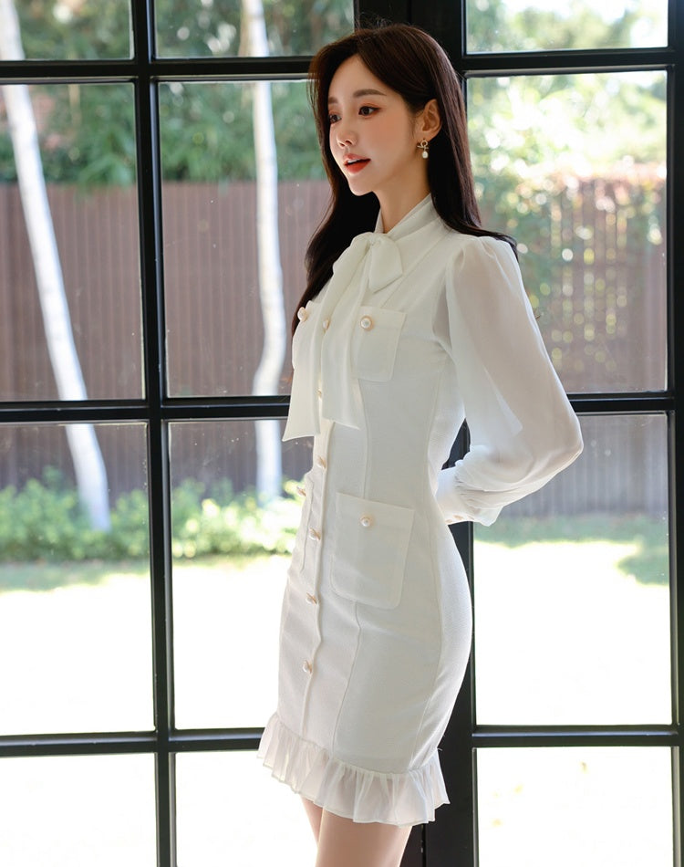 CM-DY029288 Women Elegant Seoul Style Scarf Collar Long Sleeve Mermaid Slim Dress - White