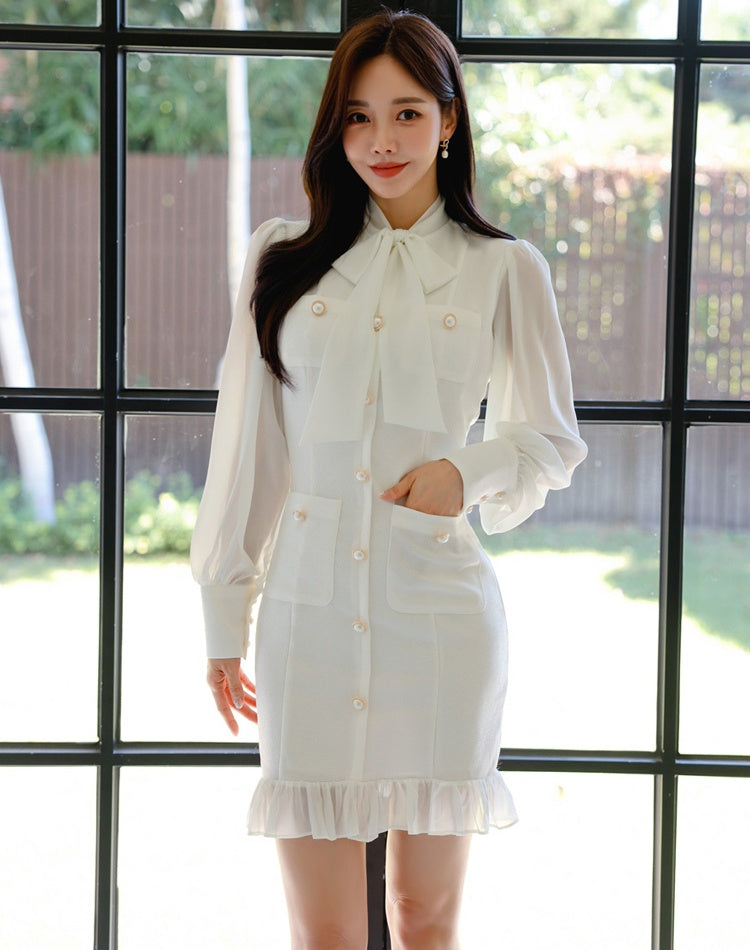 CM-DY029288 Women Elegant Seoul Style Scarf Collar Long Sleeve Mermaid Slim Dress - White