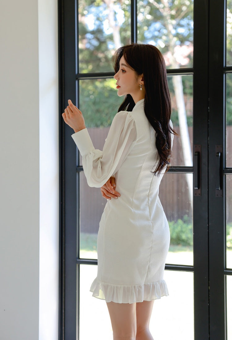 CM-DY029288 Women Elegant Seoul Style Scarf Collar Long Sleeve Mermaid Slim Dress - White