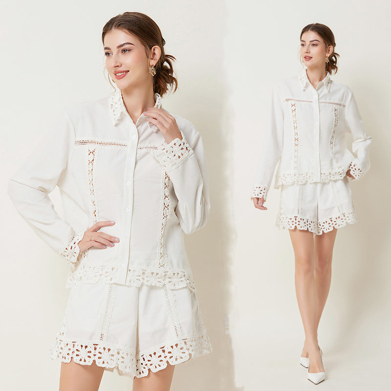 CM-SY029969 Women Elegant European Style Collar Neckline Long Sleeve Linen Top With Shorts - Set