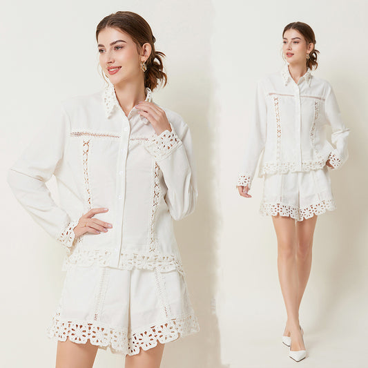 CM-SY029969 Women Elegant European Style Collar Neckline Long Sleeve Linen Top With Shorts - Set